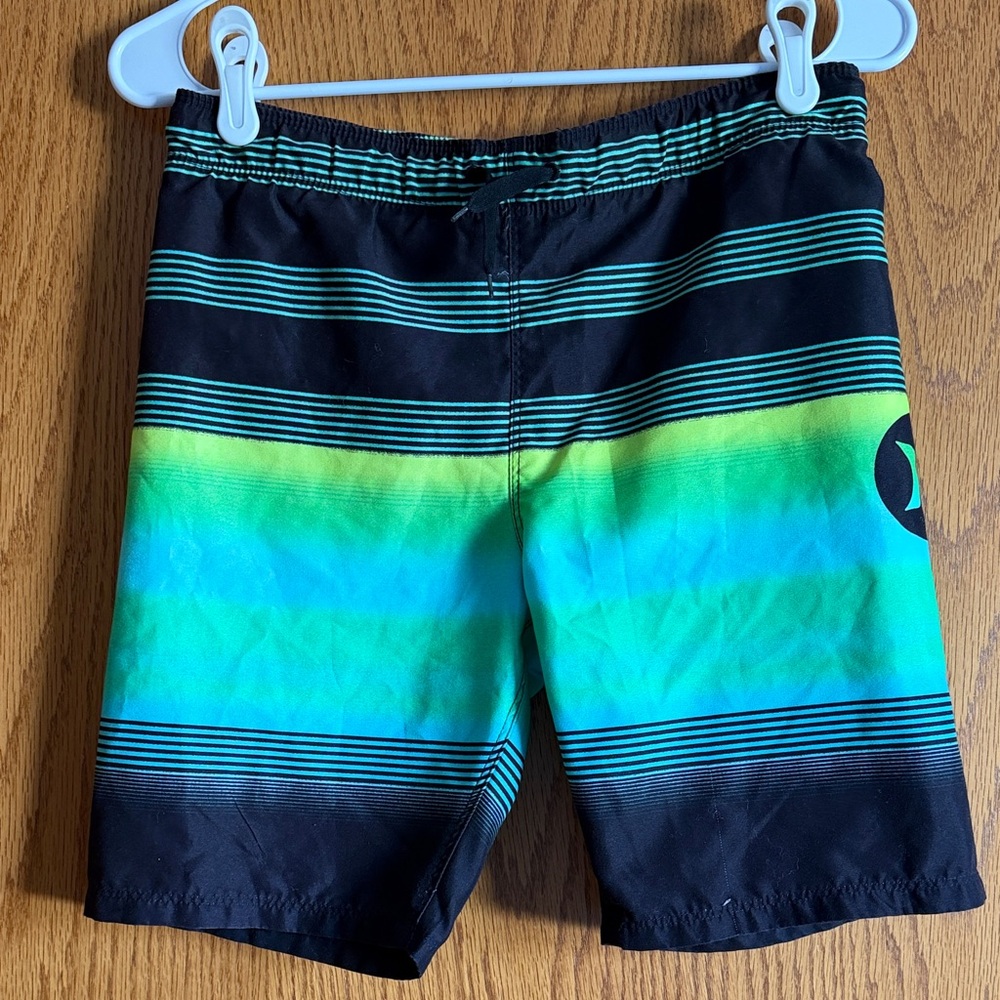Hurley Boys Black Teal Green Stripe Swim Trunks | Drawstring Board Shorts